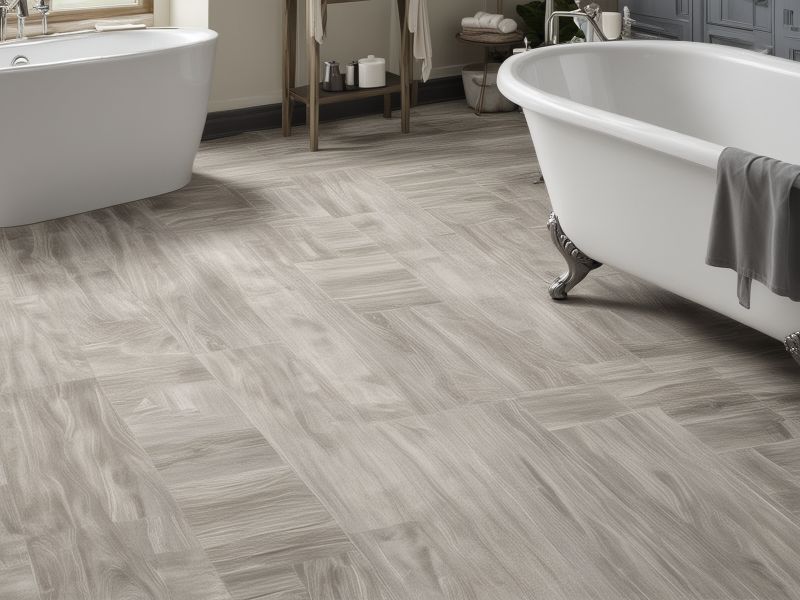 Luxury vinyl plank flooring installation showing realistic stone texture pattern in elegant bathroom design