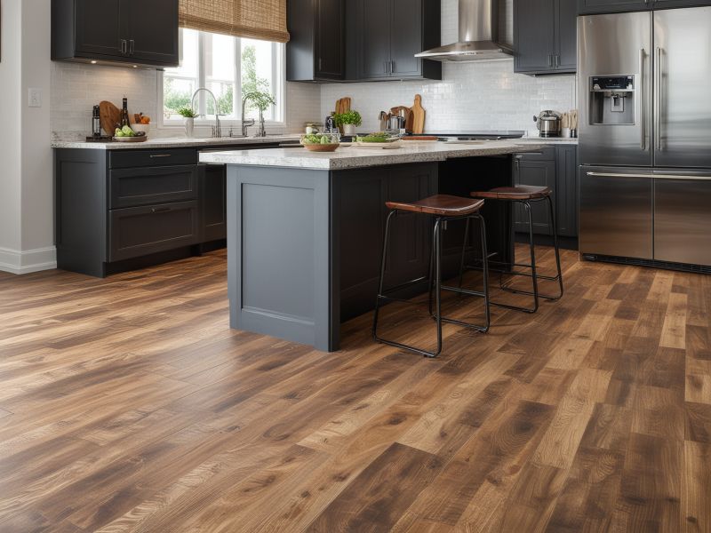 Beautiful laminate flooring installation showing realistic wood grain texture in modern kitchen setting