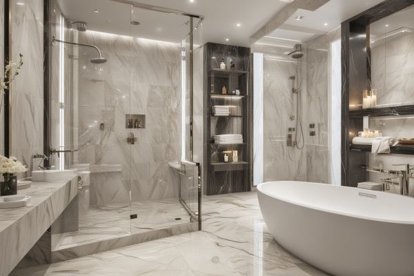 Luxurious bathroom tile installation featuring large format porcelain tiles with marble look in elegant spa-style design