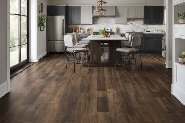 Kitchen renovation with luxury vinyl plank flooring in realistic wood texture throughout kitchen and dining area