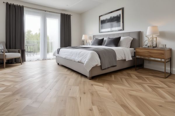 Contemporary bedroom with herringbone pattern laminate flooring in light oak finish creating elegant geometric design