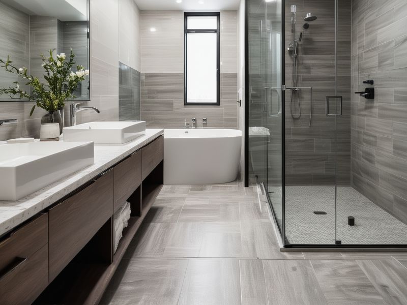 Professional tile flooring installation showing precision layout and perfect grout lines in modern bathroom design