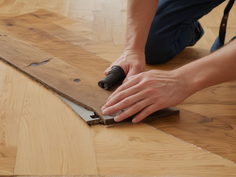 Close-up of professional hardwood floor installation showing precise plank alignment and seamless joints