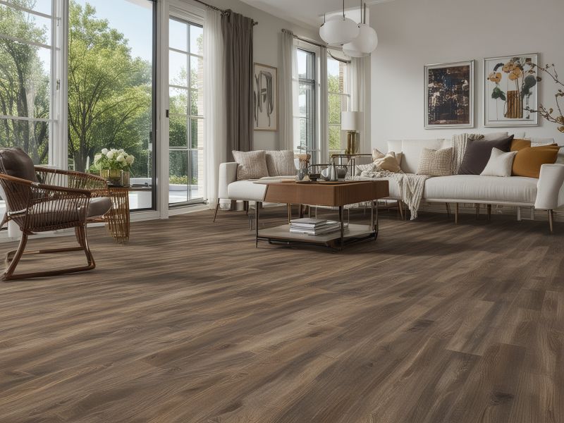 Before and after comparison showing refinished hardwood floors with rich walnut stain and high-gloss finish